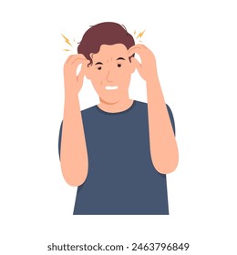 Man have stress and their brains are working too hard. Sad and tired face, unhappy with problems. Flat vector illustration.