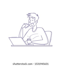 Man have in the workplace, snack. Thin line. Flat vector illustration in cartoon style.