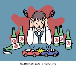 A man is having an accident and suffering from drunk driving. hand drawn style vector design illustrations. 