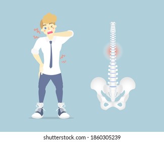 man having back pain, backache, neck, upper, lower, waist pain,  anatomy of human spine, health care symptoms office syndrome, internal organs body part, flat vector illustration character design