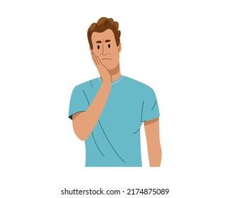 Man having bad toothache. Suffering guy holding his hand to cheek. Dental and oral health concept. Flat style vector illustration isolated on white background