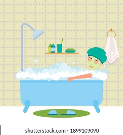 Man having bath. Guy sitting in bathtub with foam and the mask on his face vector illustration. Morning routine concept. Young man in the bathroom takes care of his body. Bathroom interior design