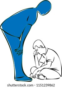 The man is having a big problem and depressed while he sat down on the floor with a blue shadow looking him down.