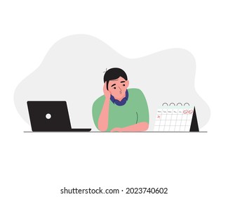 Man Having Boring Weekdays, Waiting For Weekend At The Office Desk With Laptop And Calendar. Vector Illustration Cartoon Flat Style