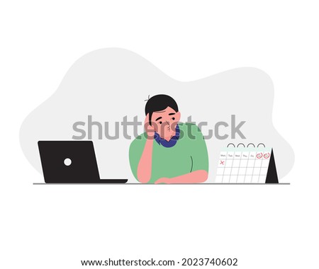 Man having boring weekdays, waiting for weekend at the office desk with laptop and calendar. Vector illustration cartoon flat style