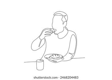 Man having breakfast with croissant. Eating breakfast concept one-line drawing