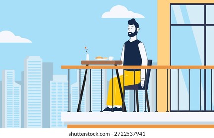 Un hombre desayunando en un balcón