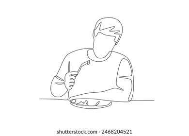 Man having breakfast with salad. Eating breakfast concept one-line drawing
