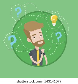 Mann mit Geschäftsidee. Junge Geschäftsleute, die mit Fragezeichen und Ideenkolben über dem Kopf stehen. Konzept der Geschäftsidee. Vektorflache Design-Illustration im Kreis einzeln auf Hintergrund.