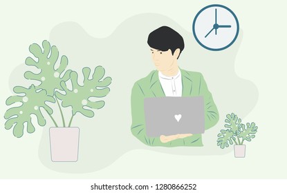 A  man are having a business and working on a laptop. hand drawn. hand drawn style vector design illustrations.
