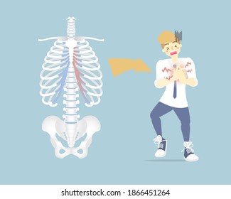 Man Having Chest Pain In The Upper And Middle Rib Cage, Cartilage ,costochondritis, Medical Internal Organs Nervous System Anatomy Health Care Symtomps, Flat Vector Illustration Cartoon Design