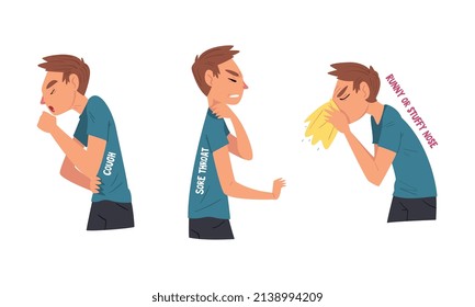Man Having Cold or Flu Symptom with Runny Nose and Sore Throat Vector Set