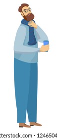 Man having a cold, holding a cup, cartoon style vector. Vector cold fever ill character with sickness infectious disease, flu person with a sore throat on white background