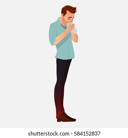 man having a cold, holding tissue cleaning snotty nose, cartoon character, vector illustration. winter flu season. Illness man. Seasonal virus attack, people sick, medical help, health 