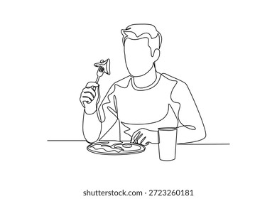Un hombre desayunando completamente. Concepto de la hora del desayuno. Diseño de dibujo de línea única. Ilustración gráfica de Vector