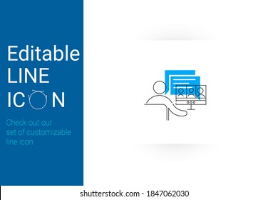 Man having a conference call with his business team online icon, telecommuting, remote work and business communications concept, black line icon in vector eps