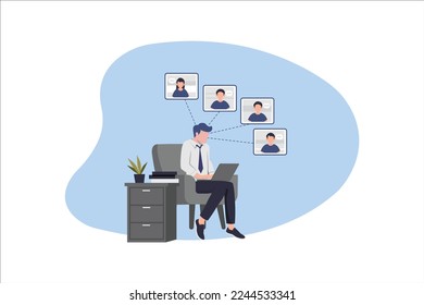 Man having a conference call with his business team online, telecommuting, remote work and business communications concept