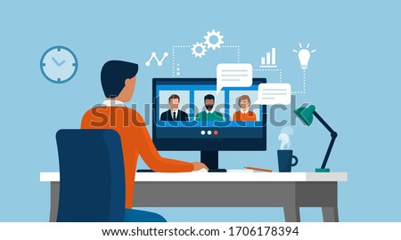 Man having a conference call with his business team online, telecommuting, remote work and business communications concept