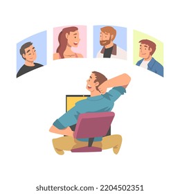 Man having conference video call with his colleagues or friends. Business team talking to each other online cartoon vector illustration