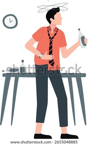 The man, having consumed alcohol, is disoriented and has lost his senses. He exhibits confusion, impaired judgment.