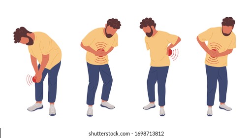 Man having different types of pain. Vector hand drawn character illustration. Set of illustrations with a man touching his knee, belly, back, side.  