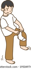 Man having difficulty putting on a sock while balancing himself