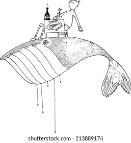man having dinner on the back of a whale/dinner whale/digital vector