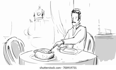 Man having dinner in a restauran Vector sketch for projects, cartoon, storyboards