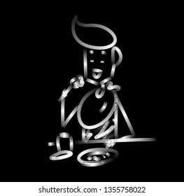 Man having dinner in a restaurant - Office, Line art vector illustration.