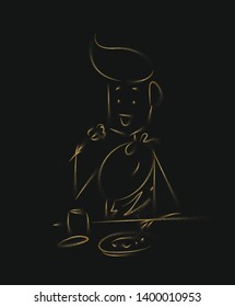 Man having dinner in a restaurant - Office, Line art vector illustration.