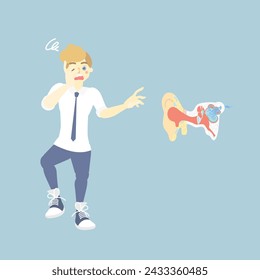 Man having dizzy, benign paroxysmal positional vertigo and Menieres disease, Anatomy of ear, internal organs anatomy, vector illustration cartoon flat character design