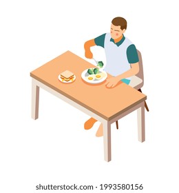 Hombre con huevos y sándwich para desayunar Icono isométrico Ilustración vectorial 3d