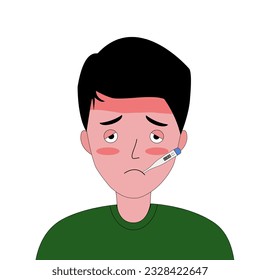 Hombre con vector de concepto de fiebre. Hombre enfermo con termómetro en la boca.