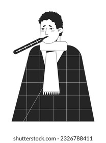 Man having fever flat line black white vector character. Editable outline half body sick person. Unhealthy man simple cartoon isolated spot illustration for web graphic design