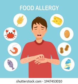 Man Having Food Allergy Symptom To Products Like Seafood, Gluten, Egg, Peanut And Milk In Flat Design. Male Got Red Spots On His Skin.