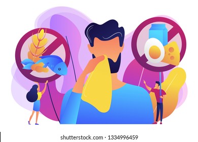 Man having food allergy symptoms to products like fish, milk and eggs. Food allergy, food alergen ingredient, allergy risk factor concept. Bright vibrant violet vector isolated illustration