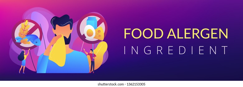 Man having food allergy symptoms to products like fish, milk and eggs. Food allergy, food alergen ingredient, allergy risk factor concept. Header or footer banner template with copy space.