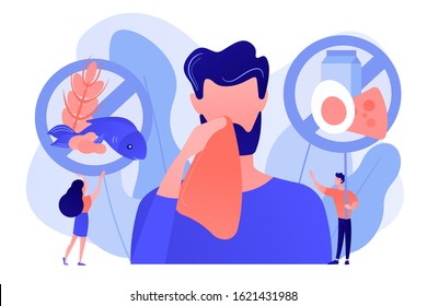 Man having food allergy symptoms to products like fish, milk and eggs. Food allergy, food alergen ingredient, allergy risk factor concept. Pinkish coral bluevector vector isolated illustration