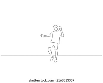 Man having fun in line art drawing style. Composition of a person dancing. Black linear sketch isolated on white background. Vector illustration design.