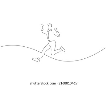 Man having fun in line art drawing style. Composition of a person jumping. Black linear sketch isolated on white background. Vector illustration design.