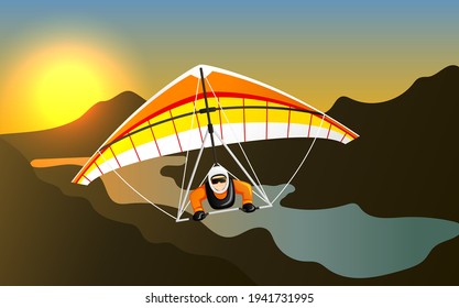 Man having fun on hang gliding extreme sport. Cheerful hang gliding tandem flying in sky