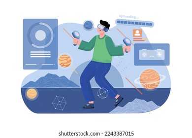 A man having fun playing metaverse VR virtual reality glasses
