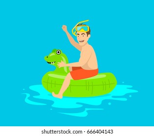 Man having fun in pool, floating on children inflatable dragon ring, happy to be on vacations