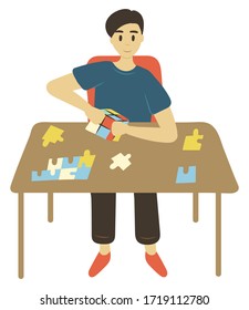 Man having fun with solving puzzles vector, isolated character sitting by table. Man playing games developing cognitive abilities, educational development