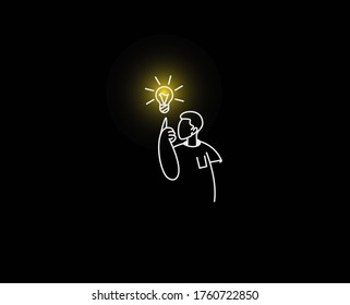 Man having a good idea looking at light idea bulb, Cartoon Hand Drawn Sketch Vector illustration. 