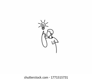 Hombre con una buena idea mirando la bombilla de idea ligera, ilustración del vector de esbozo dibujado a mano de caricatura. 