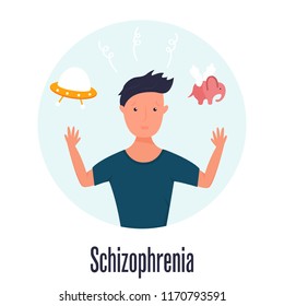 Man having hallucinations. Schizophrenia problem. Symptoms and pathology