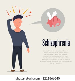 Man having hallucinations. Schizophrenia problem. Symptoms and pathology