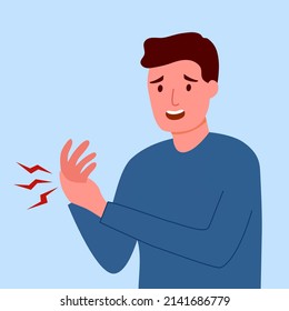 Man having hand pain in flat design. Arm pain. Muscle or bone problem.