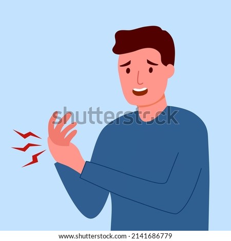 Man having hand pain in flat design. Arm pain. Muscle or bone problem.
